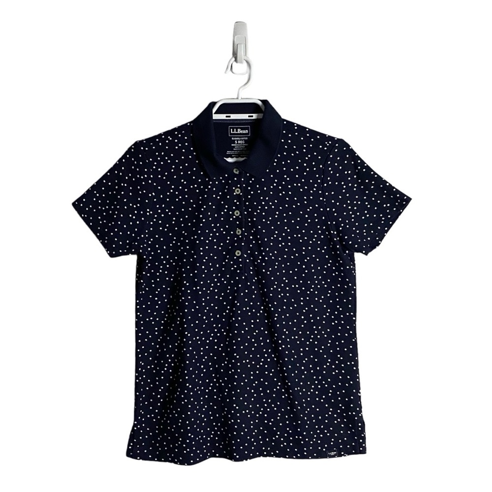 L.L. Bean Women's Navy Polka Dot Slightly Fitted Polo Shirt